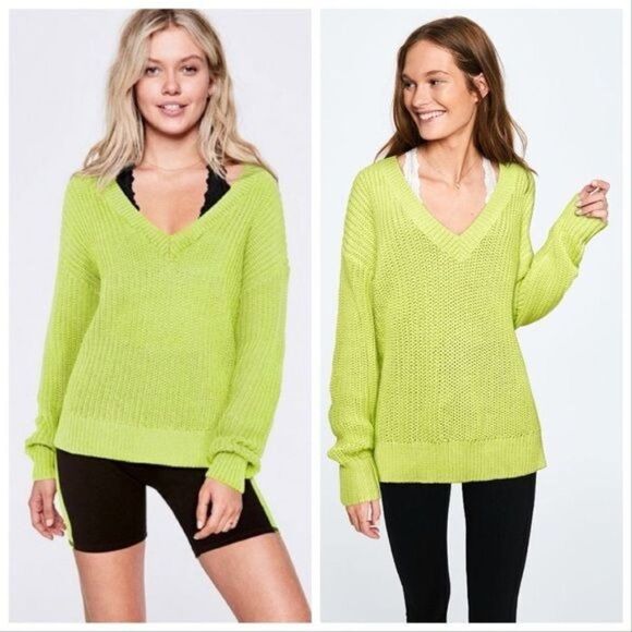 PINK Victoria's Secret Heritage V-Neck Oversized Long Sleeve Neon Knit Sweater - Picture 1 of 6
